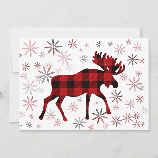 Christmas Moose red plaids snowflakes Holiday Card (Front)