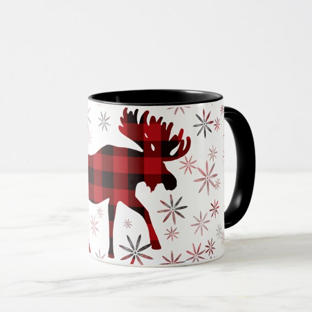 Christmas Moose red plaids snowflakes Mug (Front Right)