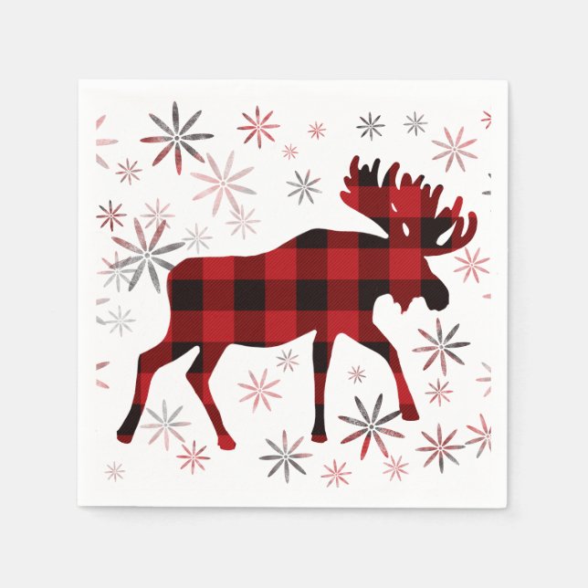 Christmas Moose red plaids snowflakes Napkin (Front)