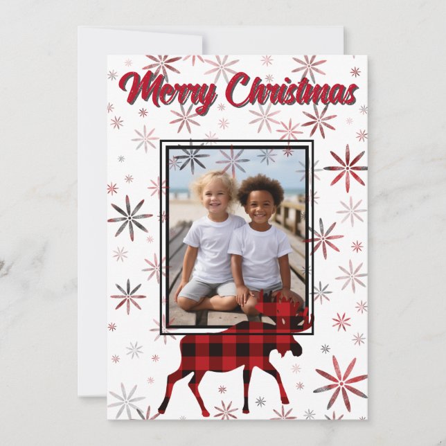 Christmas Moose red plaids snowflakes personalised Holiday Card (Front)