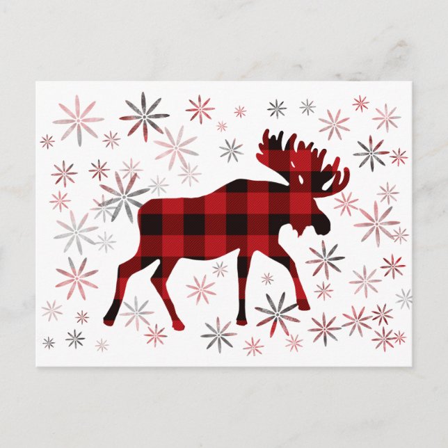 Christmas Moose red plaids snowflakes Postcard (Front)