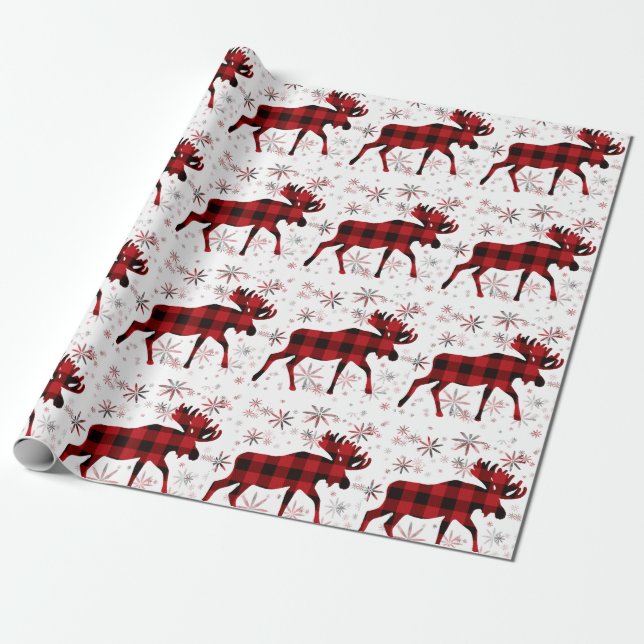 Christmas Moose red plaids snowflakes Wrapping Paper (Unrolled)