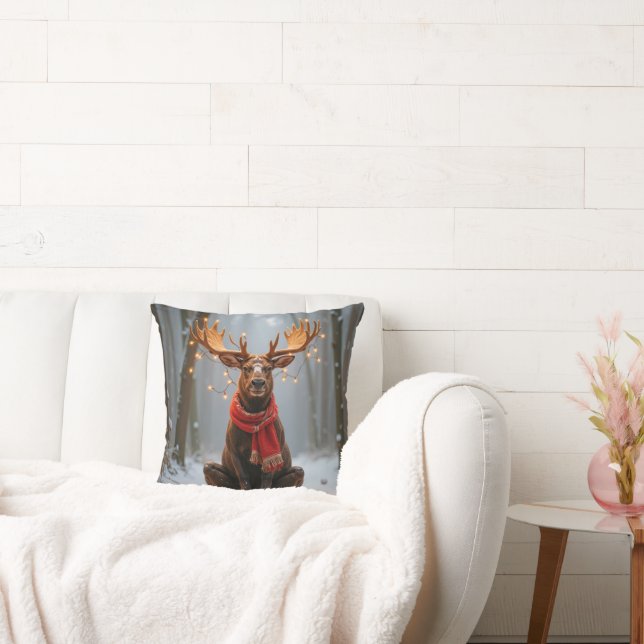 Christmas Moose Wearing Scarf and Lights Cushion (Couch)