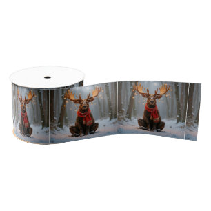 Christmas Moose Wearing Scarf and Lights Grosgrain Ribbon