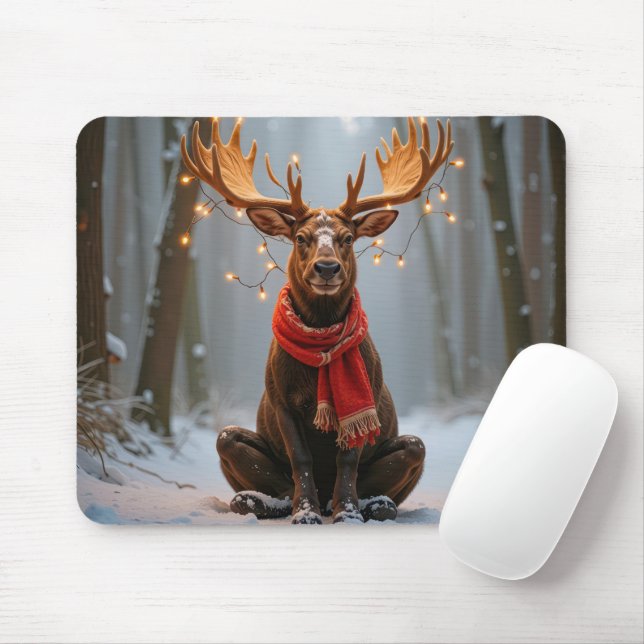 Christmas Moose Wearing Scarf and Lights Mouse Pad (With Mouse)