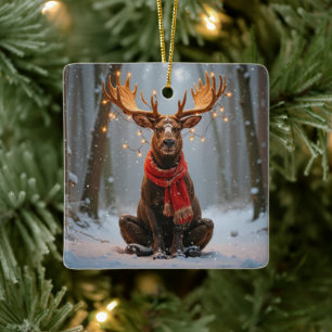 Christmas Moose With Holiday Lights Ceramic Ornament