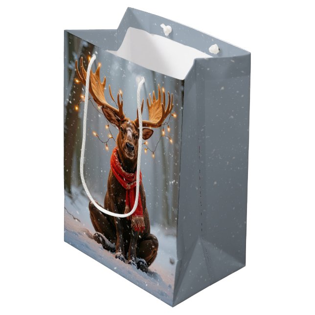 Christmas Moose With Holiday Lights Medium Gift Bag (Front Angled)
