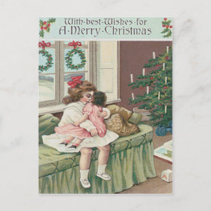 Christmas Morning Tree Present Girl Doll Holiday Postcard