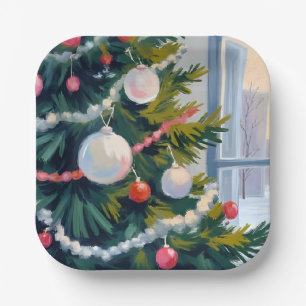 Christmas Morning Watercolor Tree Ornaments Paper Plate