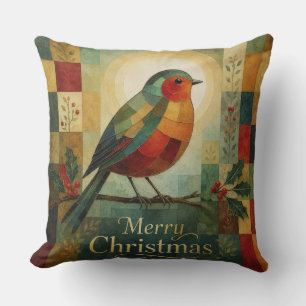 Christmas Mosaic Robin Bird Holly Berry  Cushion