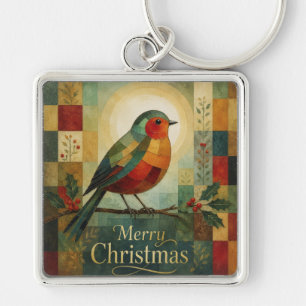 Christmas Mosaic Robin Bird Holly Berry Key Ring