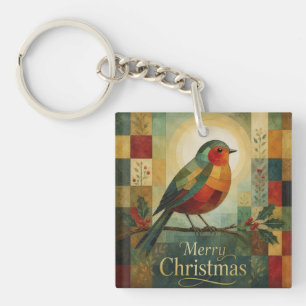 Christmas Mosaic Robin Bird Holly Berry Key Ring