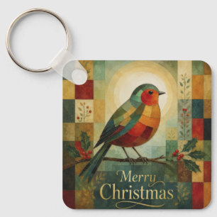Christmas Mosaic Robin Bird Holly Berry  Key Ring