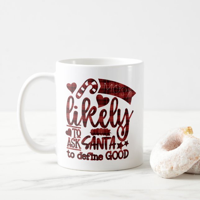 Christmas Most Likely To Ask Santa Plaid Monogram Coffee Mug (With Donut)