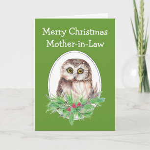 Christmas Mother-in-Law Cute Owl Bird Holly PIne Holiday Card