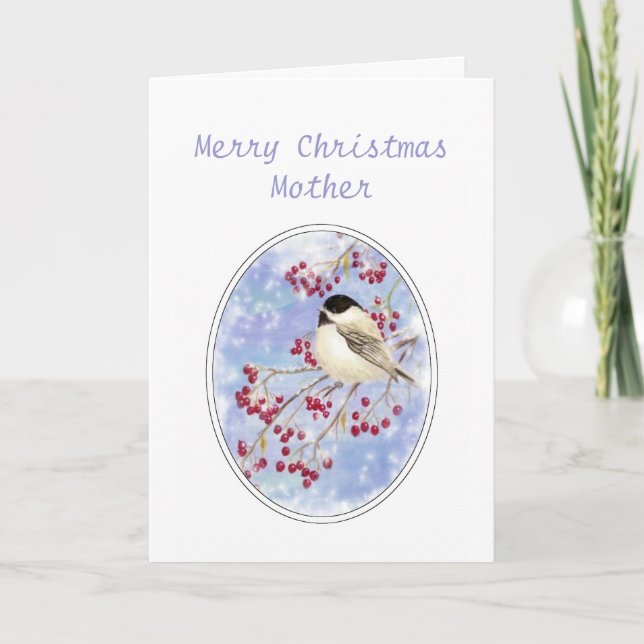 Christmas Mother  Winter Bird Berry Frosty Window Holiday Card (Front)