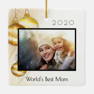 Christmas mother World's best Mom photo gold Ceramic Ornament