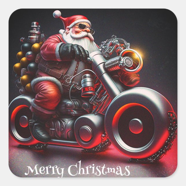 Christmas Motorcycle Biker Santa Square Sticker (Front)