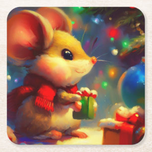 Christmas Mouse 2 Square Paper Coaster