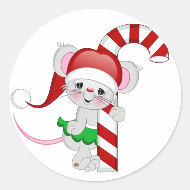 Christmas Mouse Candy Cane Classic Round Sticker (Front)
