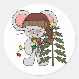 Christmas Mouse Decorating Tree Classic Round Sticker