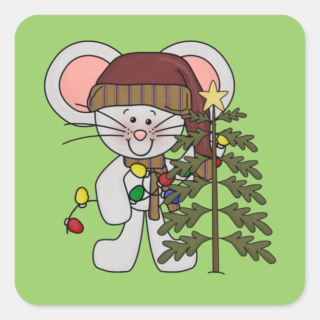 Christmas Mouse Decorating Tree Square Sticker (Front)