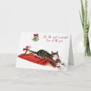 Christmas Mouse Dragging a Cat Under a Mistletoe Card