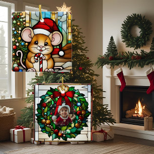 Christmas Mouse Faux Stained Glass Ceramic Ornament