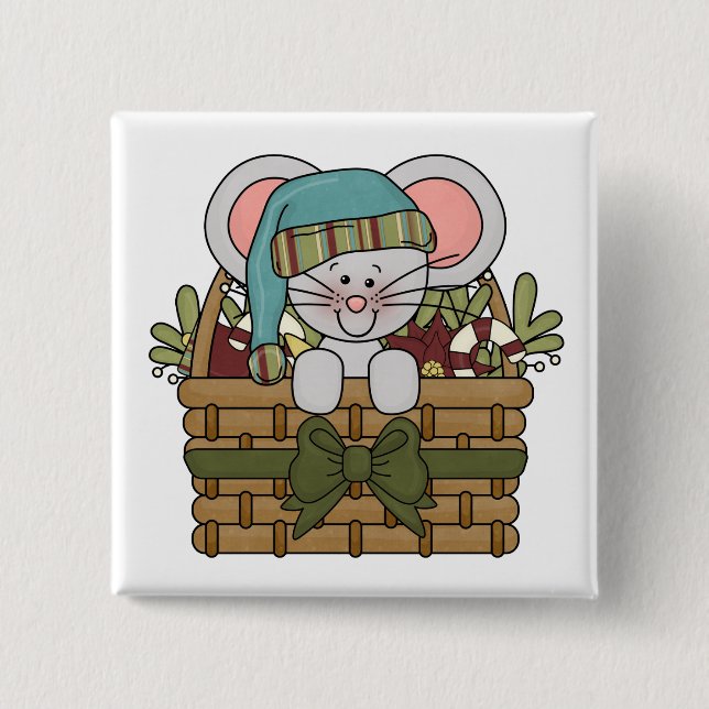Christmas Mouse in Basket 15 Cm Square Badge (Front)