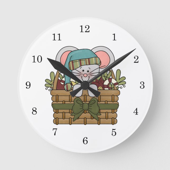 Christmas Mouse in Basket Round Clock (Front)