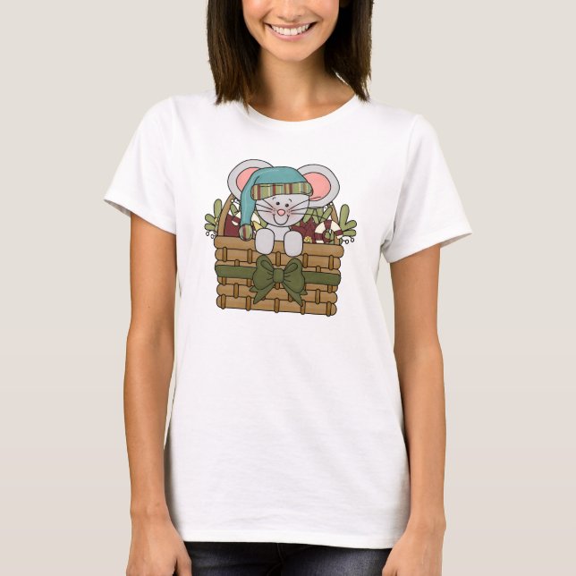 Christmas Mouse in Basket T-Shirt (Front)