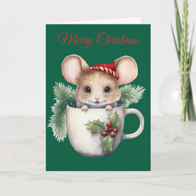 Christmas Mouse in Teacup Holiday Card (Front)