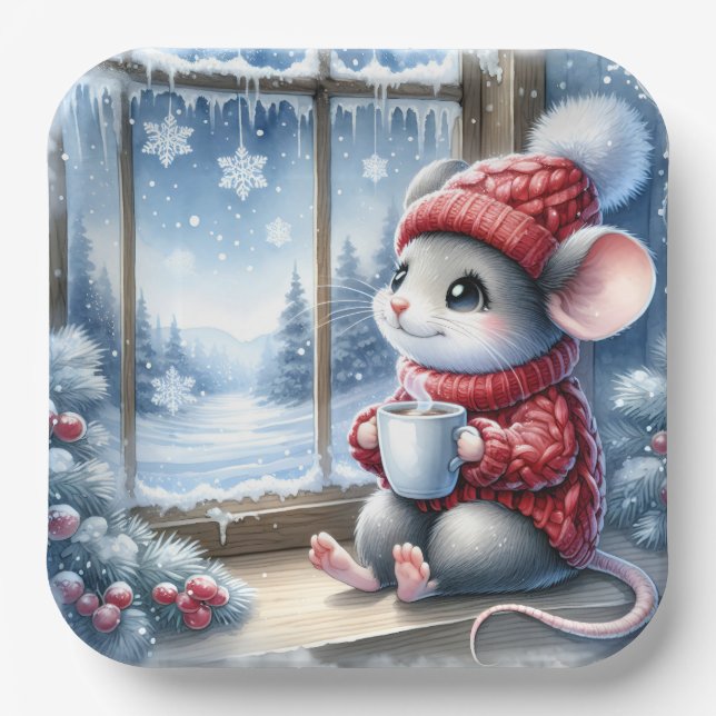 Christmas Mouse In Window Paper Plate (Front)