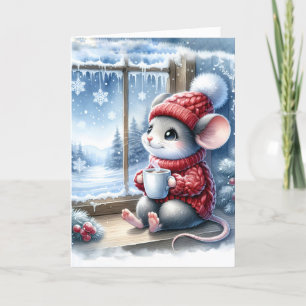 Christmas Mouse In Window With Hot Cocoa Card