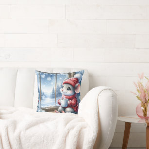 Christmas Mouse In Window With Hot Cocoa Cushion