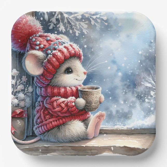 Christmas Mouse In Window With Hot Cocoa Paper Plate (Front)