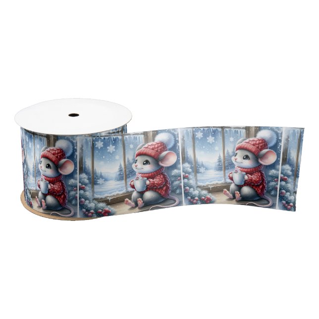Christmas Mouse In Window With Hot Cocoa Satin Ribbon (Spool)