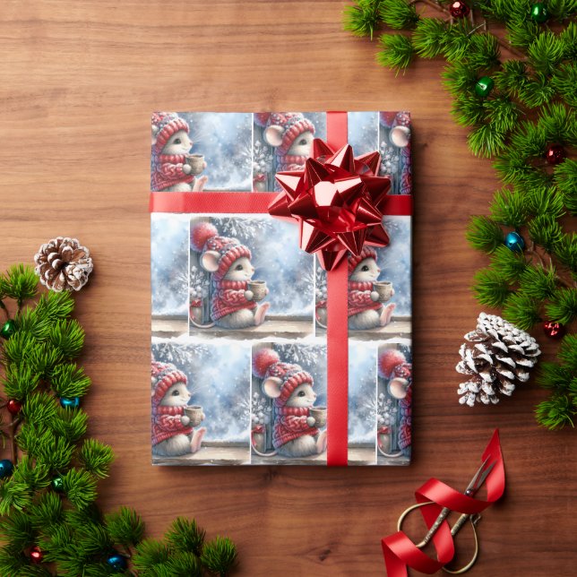 Christmas Mouse In Window With Hot Cocoa Wrapping Paper (Holiday Gift)
