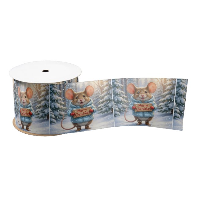 Christmas Mouse In Winter Forest Satin Ribbon (Spool)
