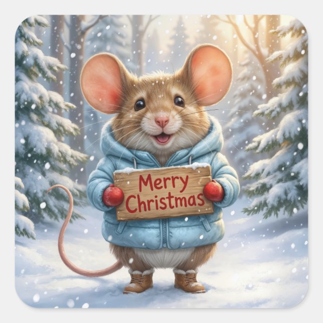 Christmas Mouse In Winter Forest Square Sticker (Front)