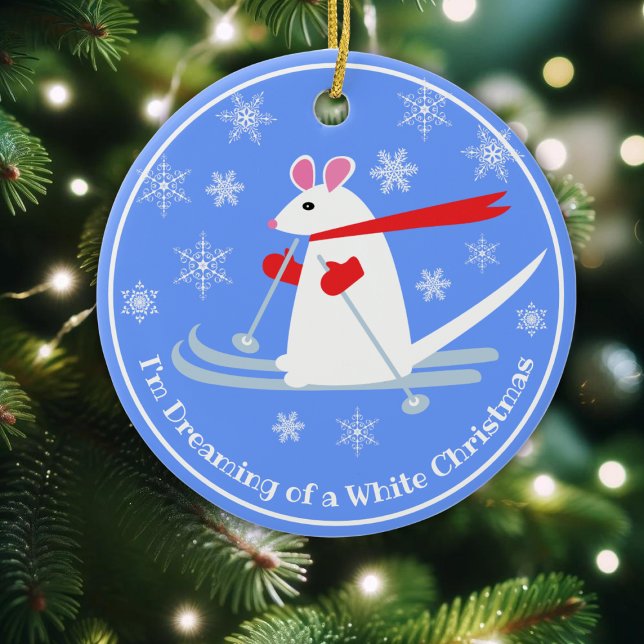 Christmas Mouse on Skis custom text Ceramic Ornament (Creator Uploaded)