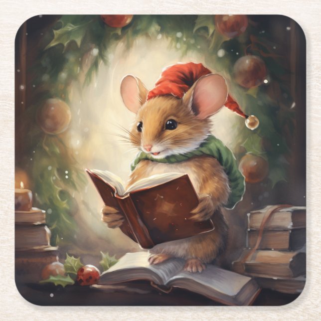 Christmas Mouse reading Square Paper Coaster (Front)