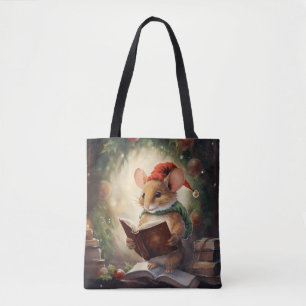 Christmas Mouse reading Tote Bag