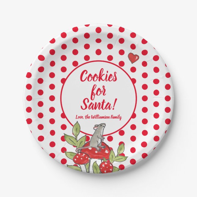 Christmas Mouse Red Polka Dot Custom Santa Cookie Paper Plate (Front)