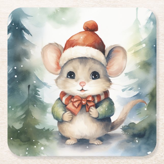 Christmas Mouse Square Paper Coaster (Front)
