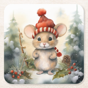 Christmas Mouse Square Paper Coaster