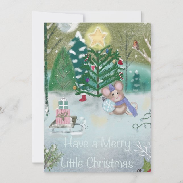 Christmas Mouse Trimming a Tree Holiday Card (Front)