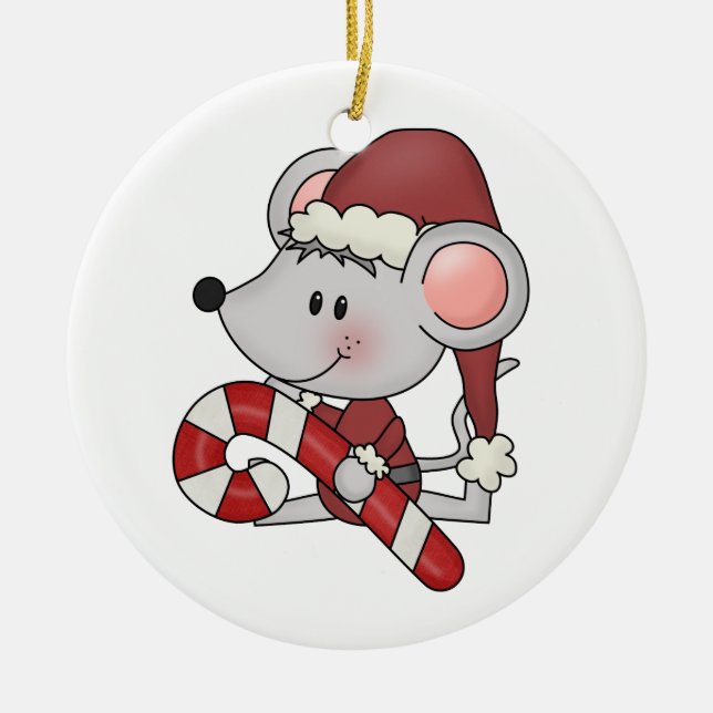Christmas Mouse With Candy Cane Ceramic Tree Decoration (Front)