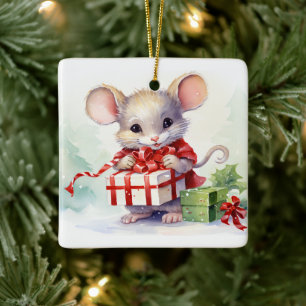 Christmas Mouse With Gift Ceramic Ornament
