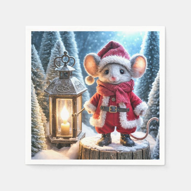 Christmas Mouse With Glowing Lantern Napkin (Front)